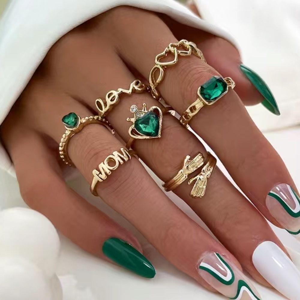 Gold Mom Heart Love Green Zircon Ring Set 7pc